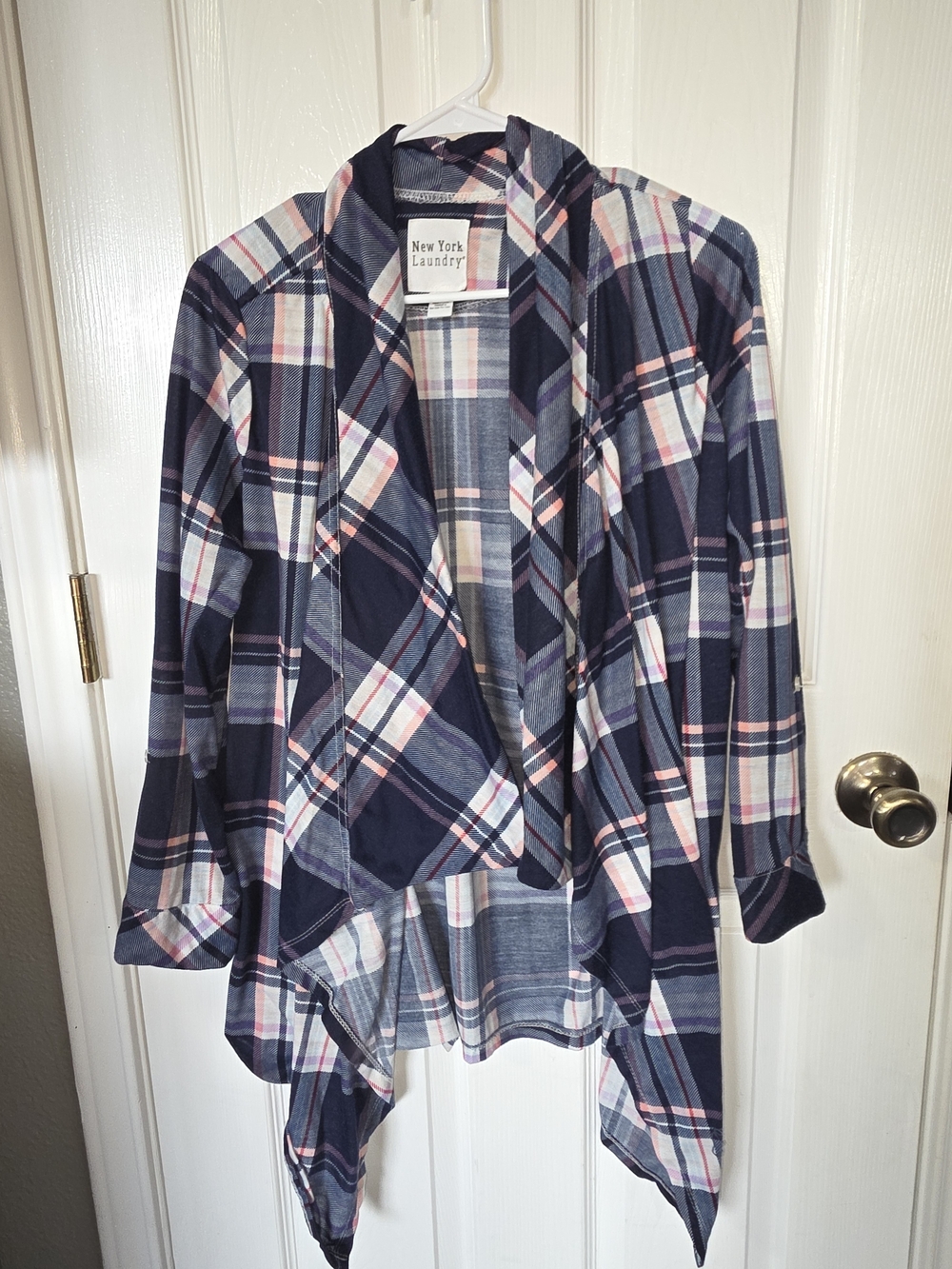 New York Laundry Women’s Navy Plaid Open-Front Jacket